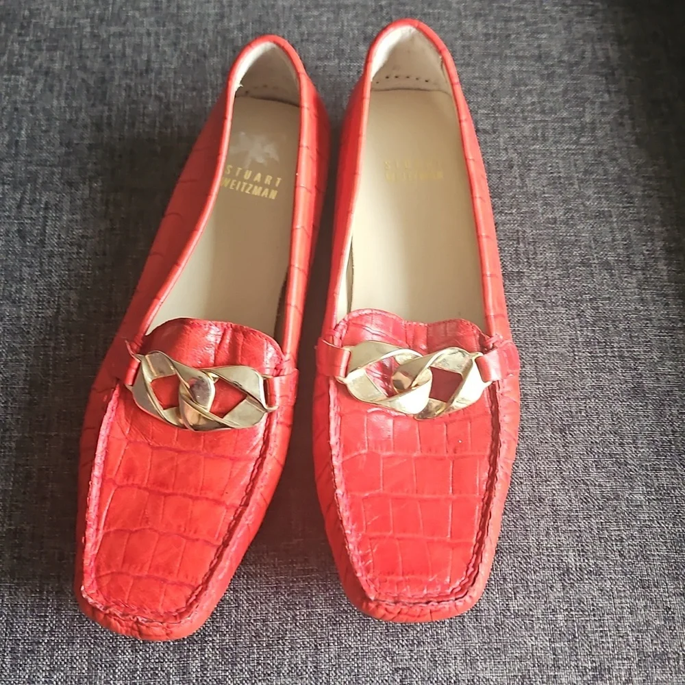 Red Stuart Weitzman patent Cocodrile leather loafers With Gold Trim - Picture 1 of 9